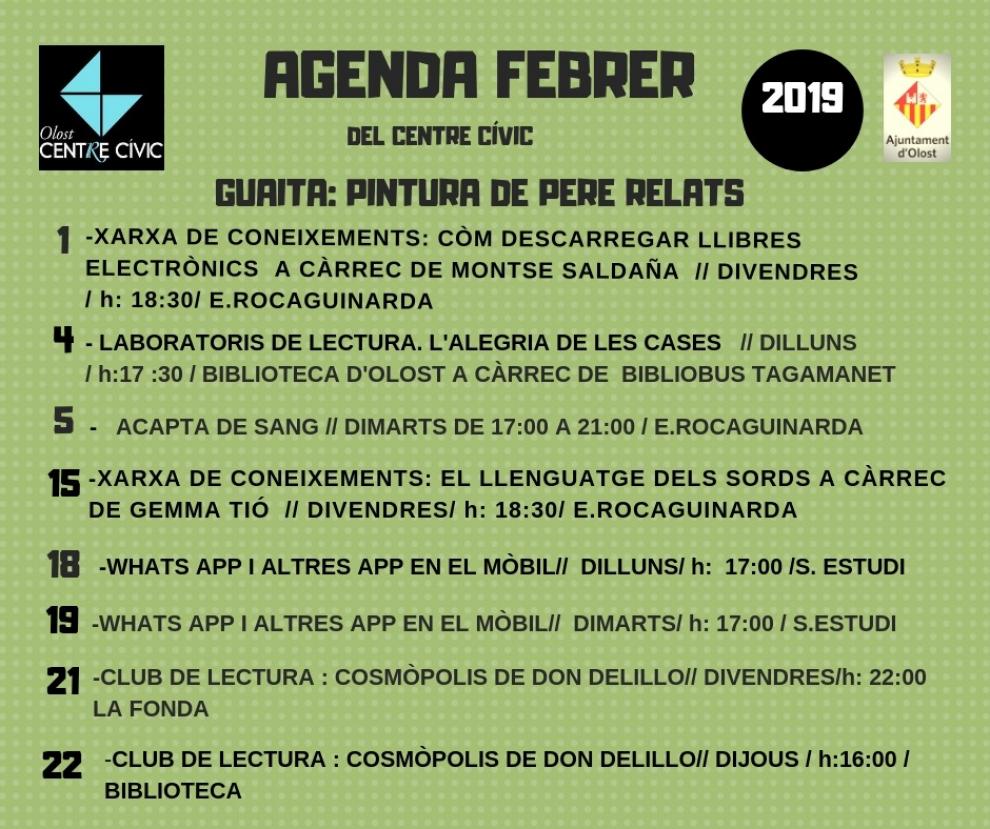 Agenda d'activitats al Centre Cívic durant el mes de febrer